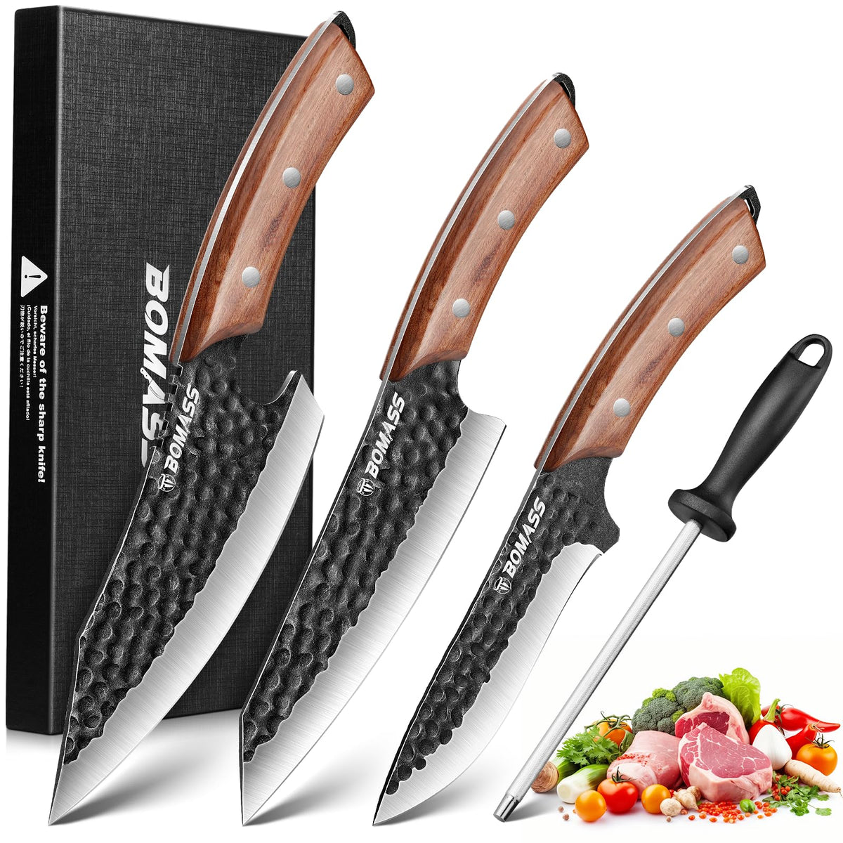 BOMASS chef knife close-up highlighting precise dicing.