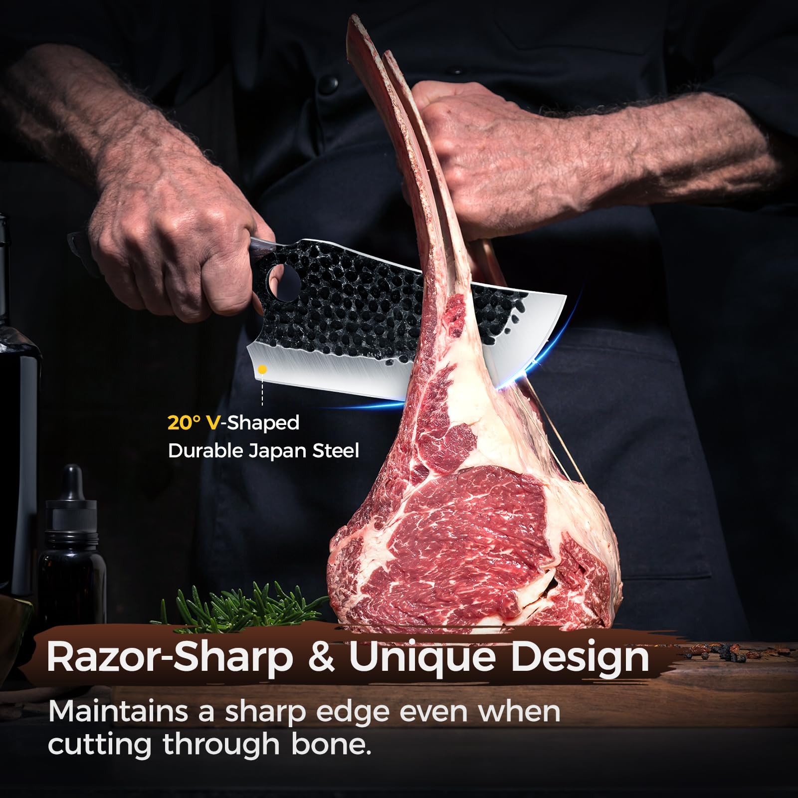 BOMASS meat cleaver 7.4-inch blade for efficient bone-in meat handling.