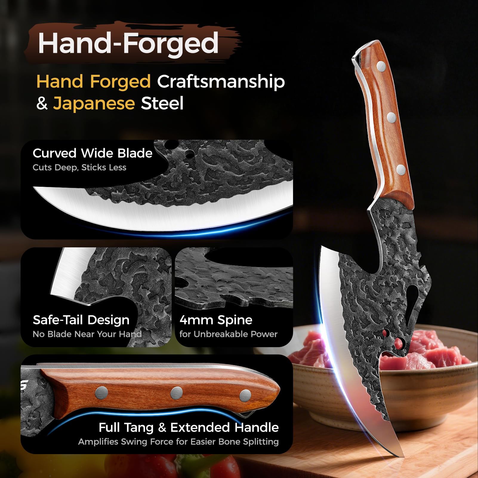 BOMASS Viking cleaver blade in bone-chopping action