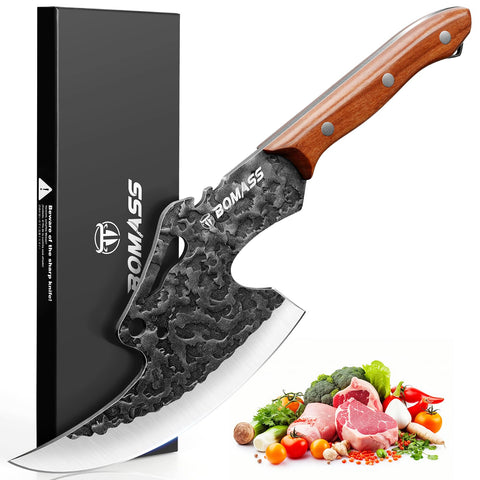 BOMASS Viking cleaver with wood handle, front view shows balanced grip