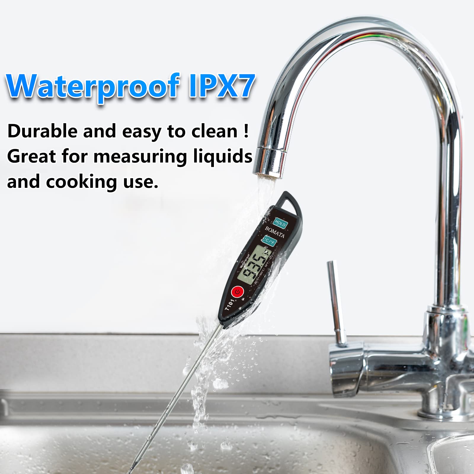 BOMATA IPX7 waterproof thermometer body withstands liquids during kitchen tasks