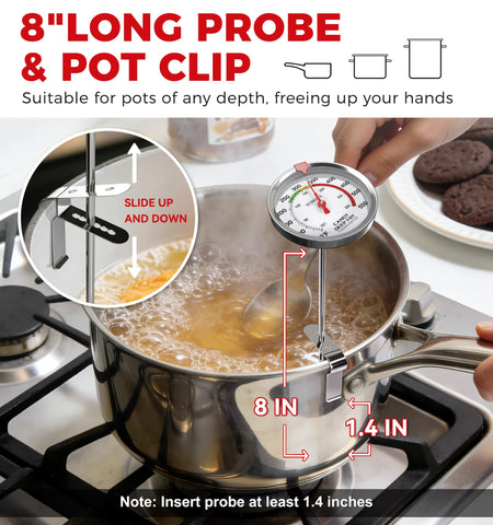 BOMATA thermometer in use while deep-frying, showing safe oil temps