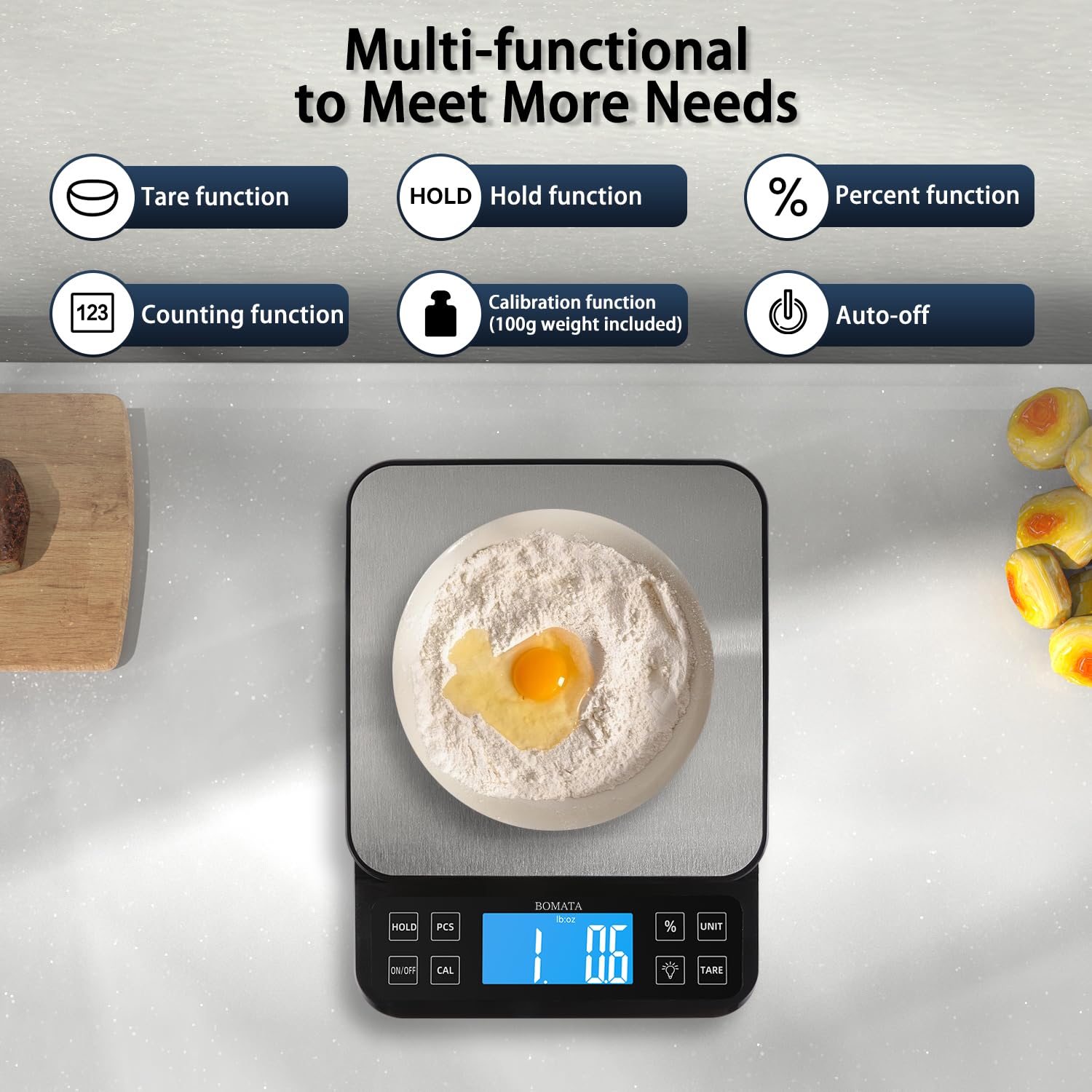 BOMATA scale accessories included for ready calibration and setup.