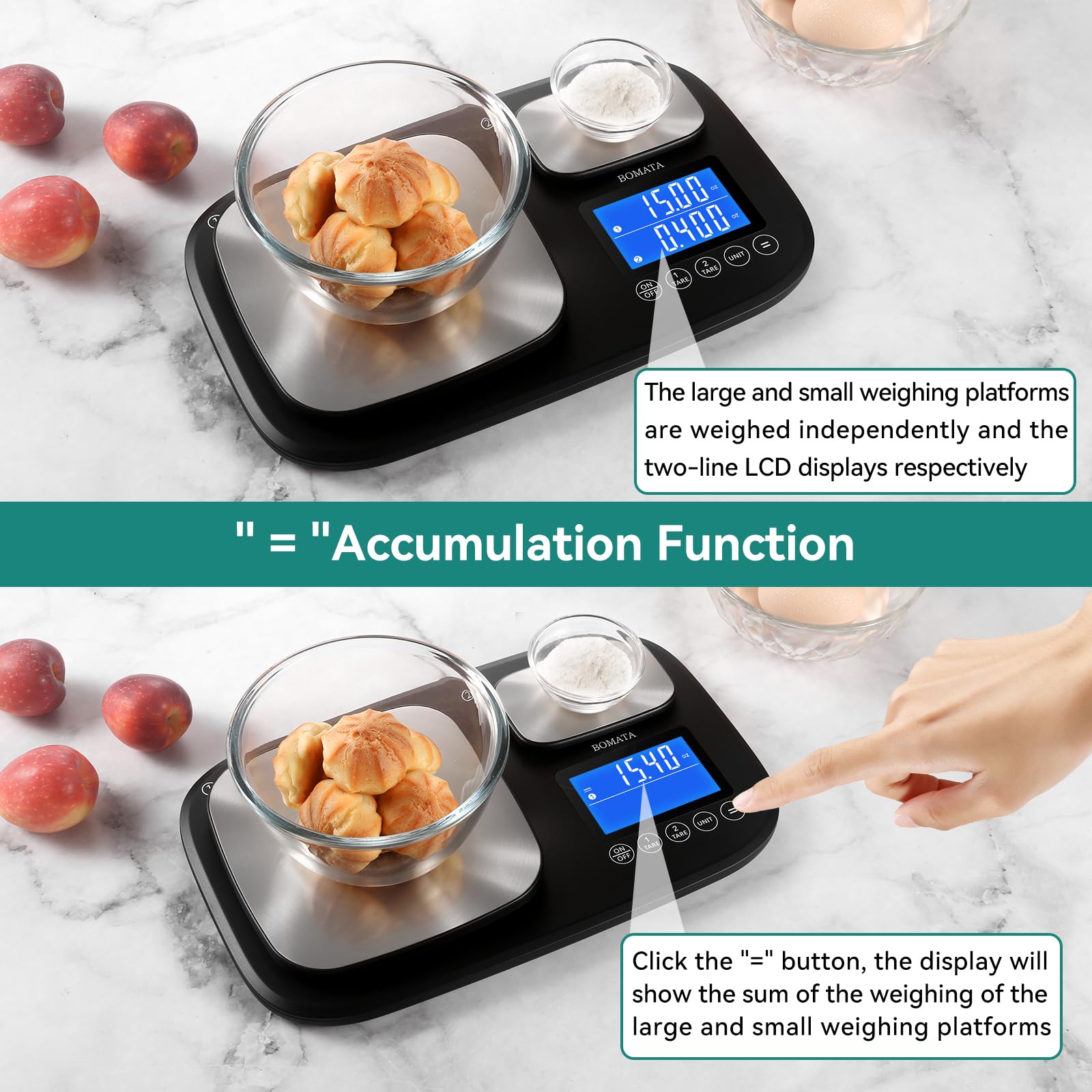 BOMATA scale with anti-slip pads for stable use on busy countertops