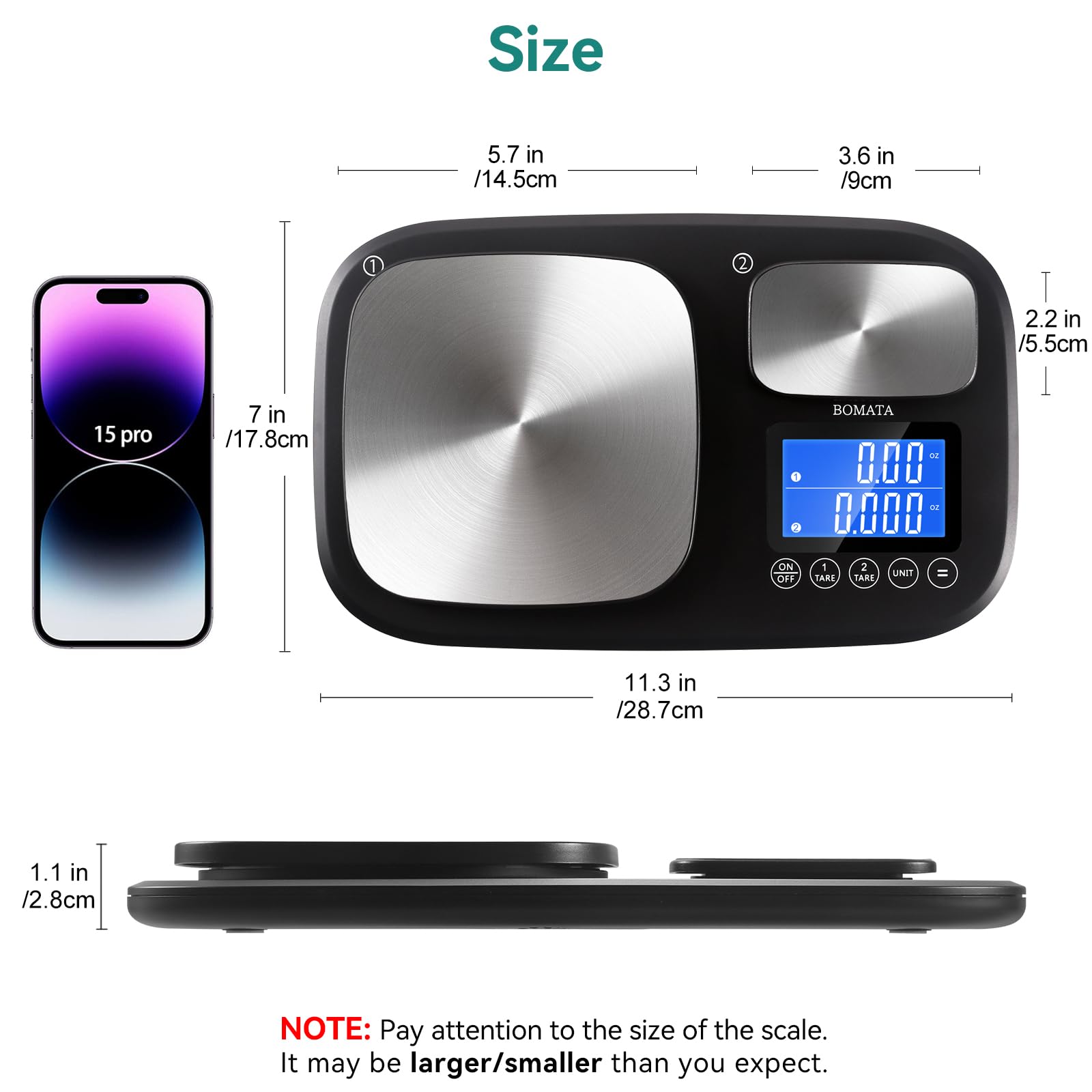 BOMATA compact dimensions with room to weigh on a stable counter