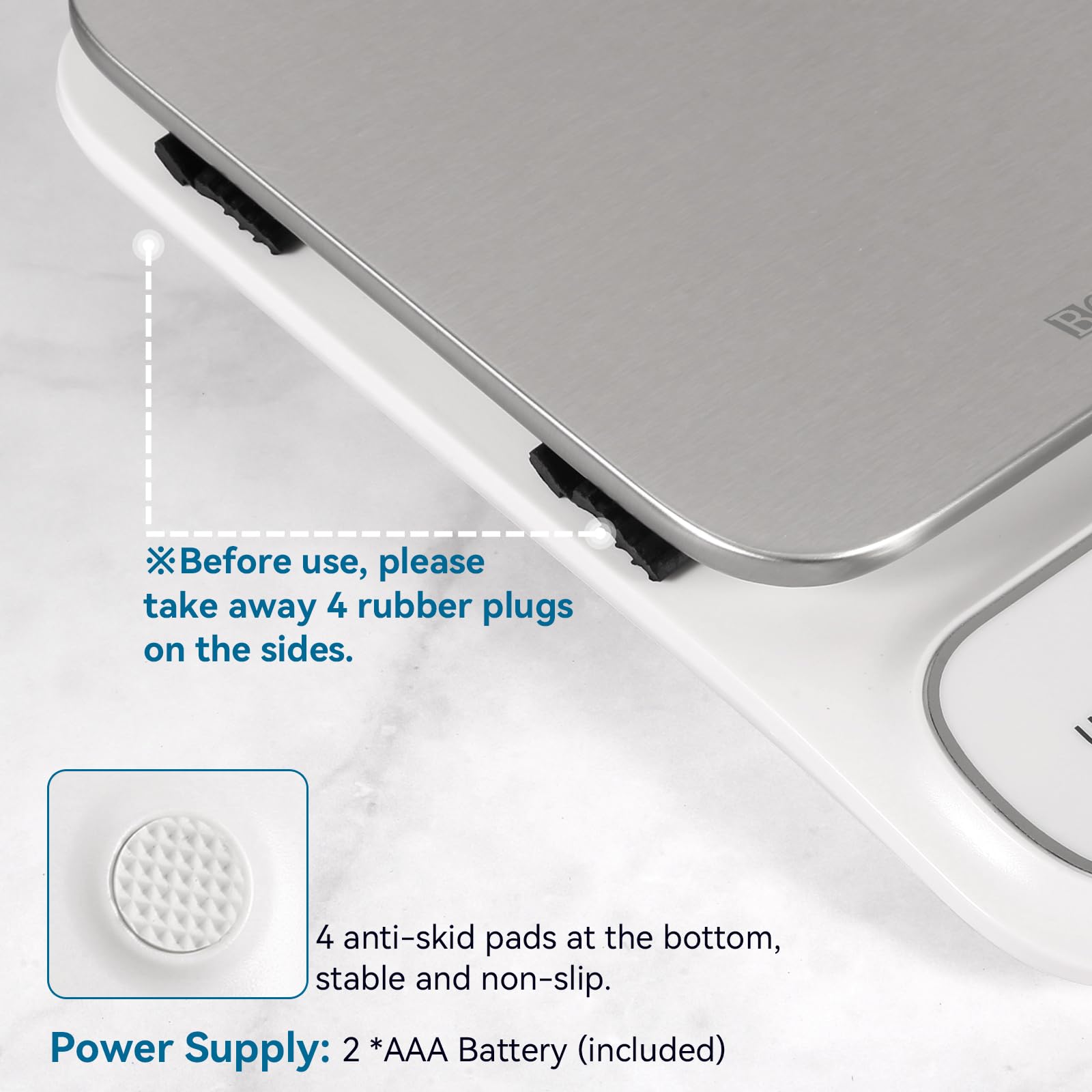 BOMATA scale demonstrates large pan fit on a 5-8 by 7-8 inch platform.
