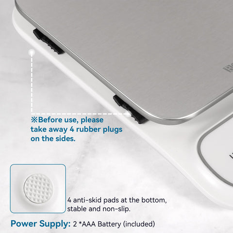 BOMATA scale demonstrates large pan fit on a 5-8 by 7-8 inch platform.