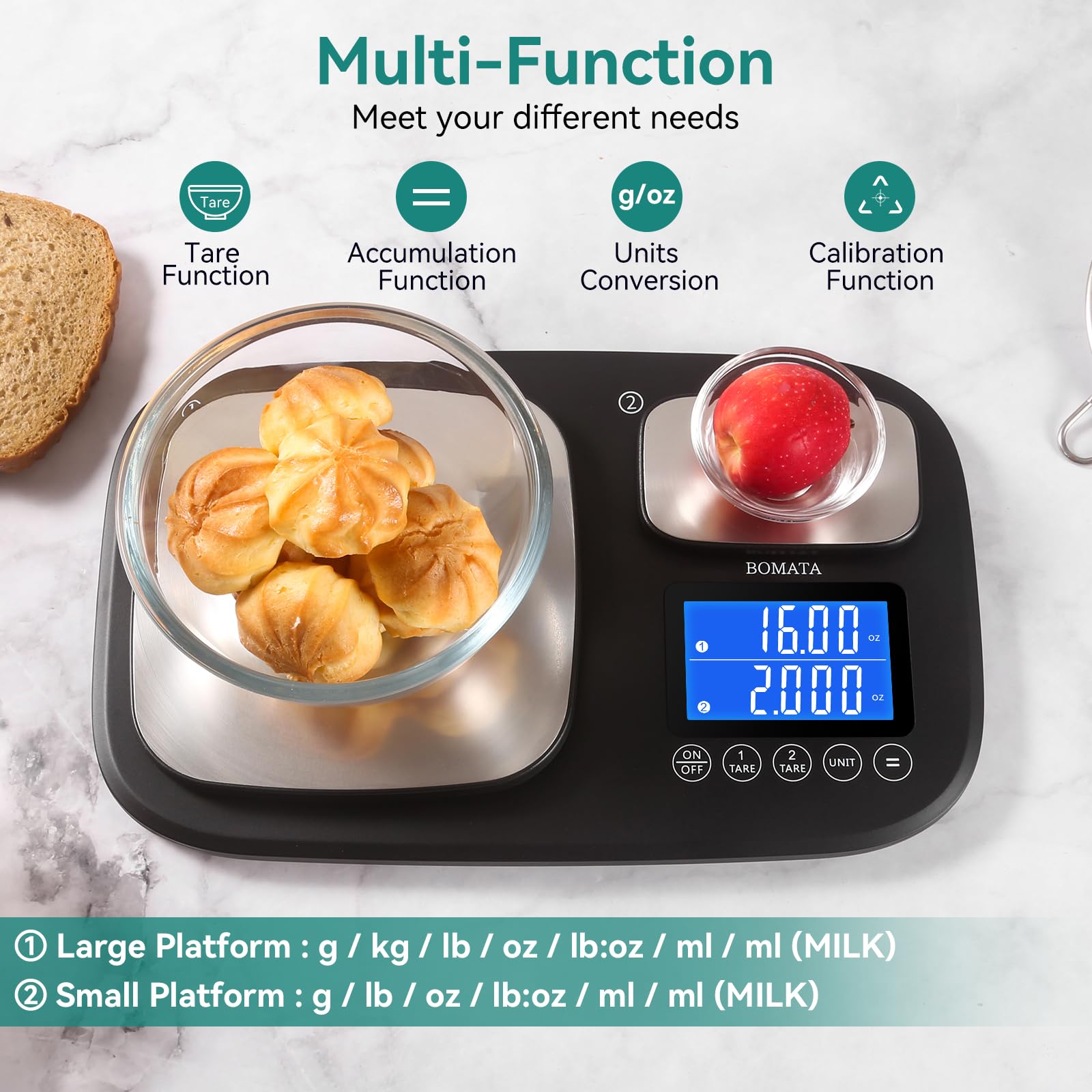 BOMATA scale with tare and unit conversions for flexible recipe prep