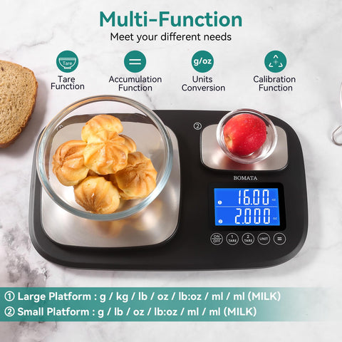 BOMATA scale with tare and unit conversions for flexible recipe prep