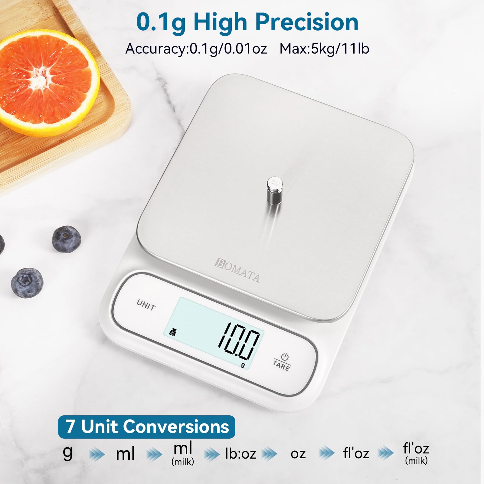 BOMATA waterproof IPX6 scale backlit display makes reading easy in any light.