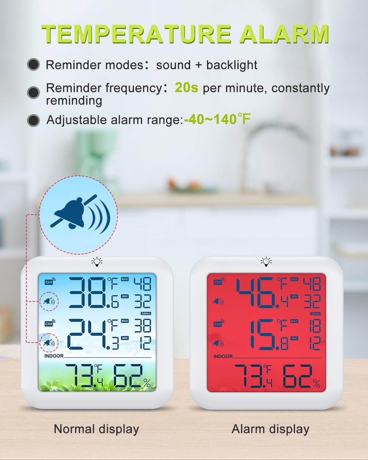 Bomivoi thermometer on counter with stand for convenient kitchen monitoring.