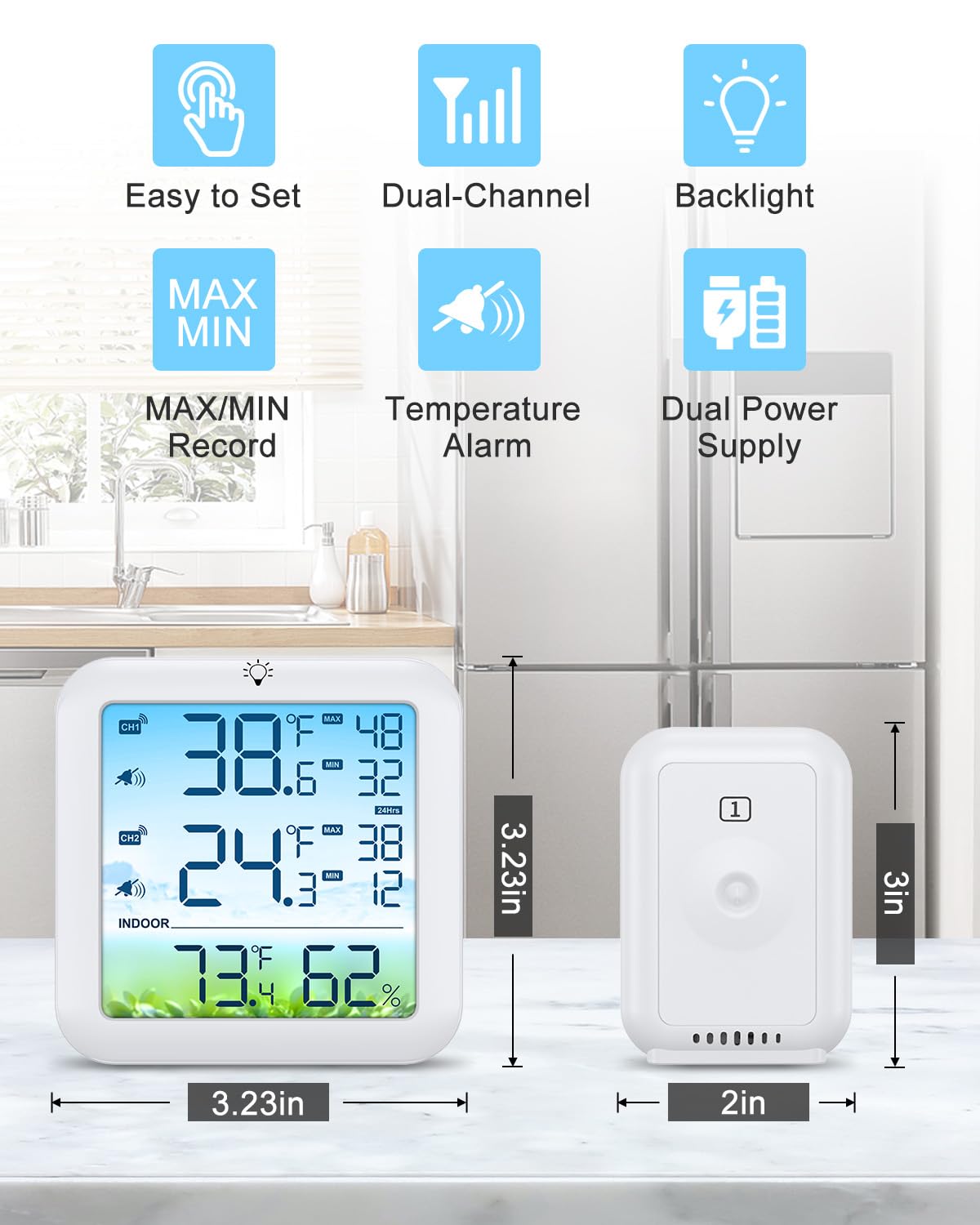 Bomivoi magnetic-back thermometer attached to fridge for easy, space-saving placement.