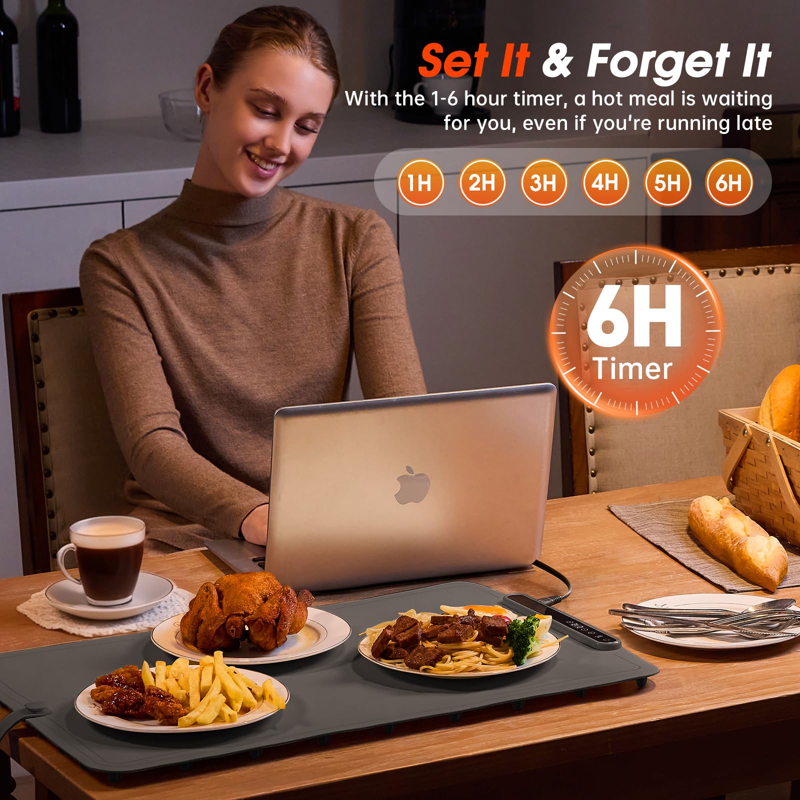 Bomova warming mat shows heat range from 104 to 212 degrees for flexible serving.