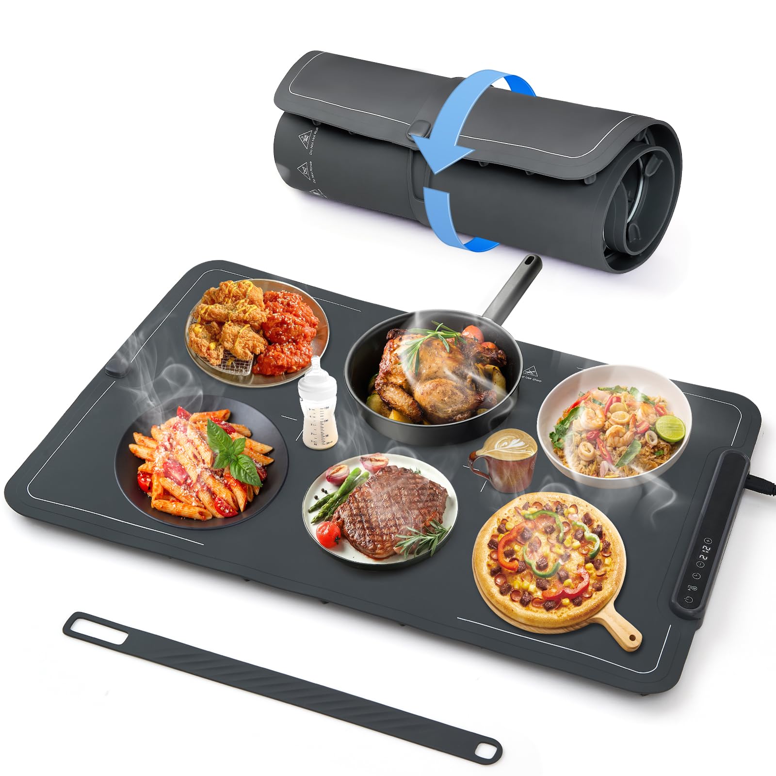 Bomova warming mat in use on a countertop buffet, keeping multiple dishes warm for guests.