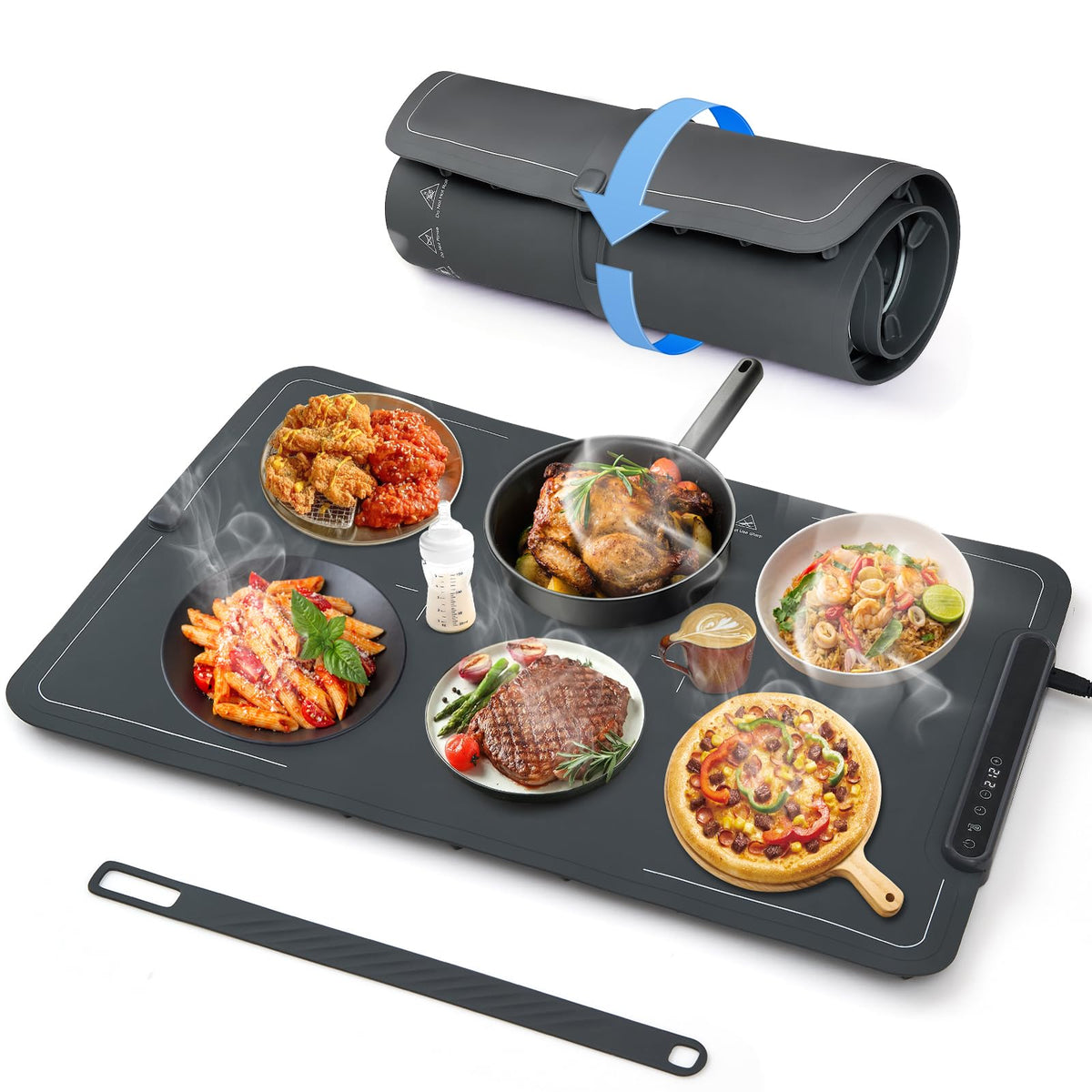 Bomova warming mat in use on a countertop buffet, keeping multiple dishes warm for guests.