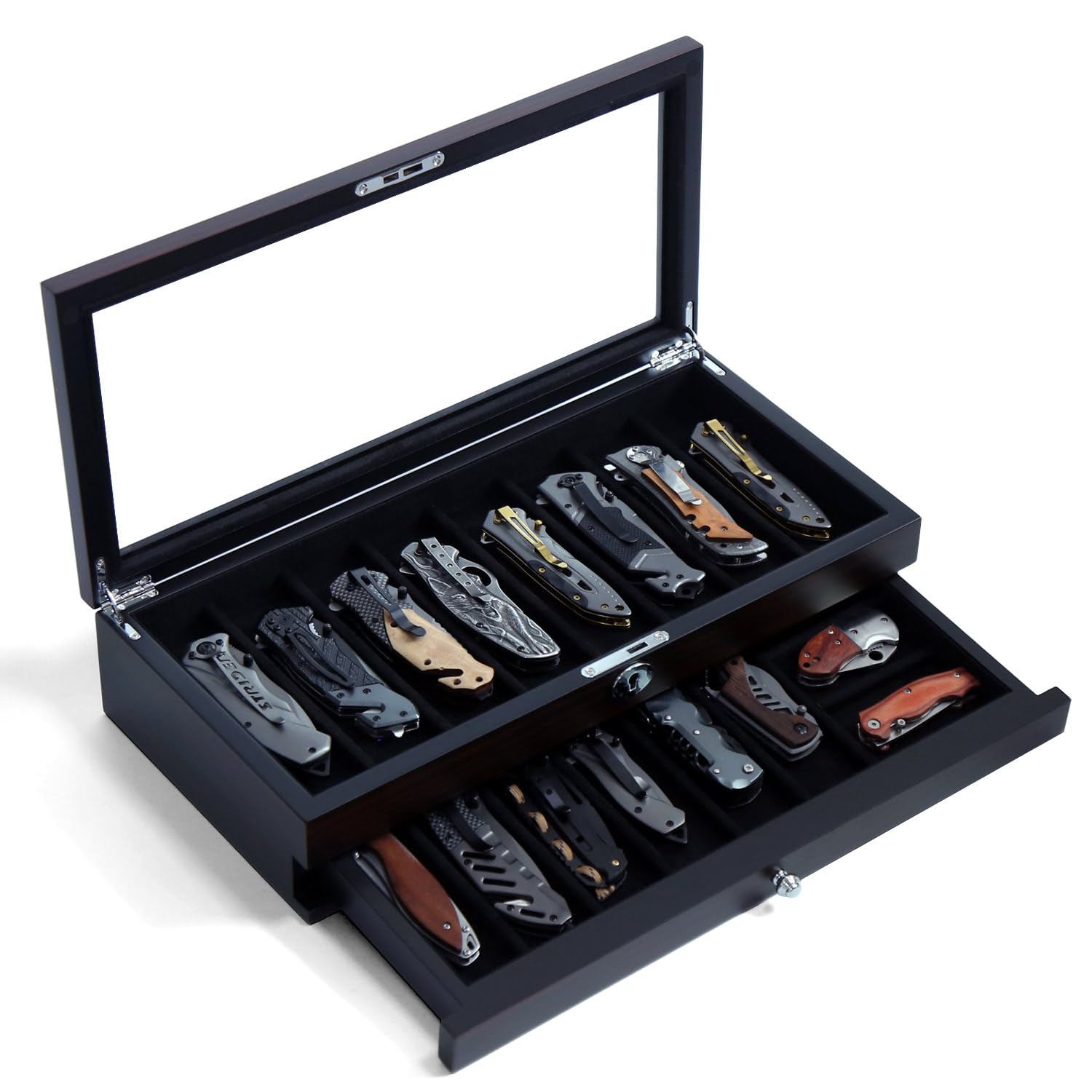Bonaking knife display case with glass top showcasing blades securely
