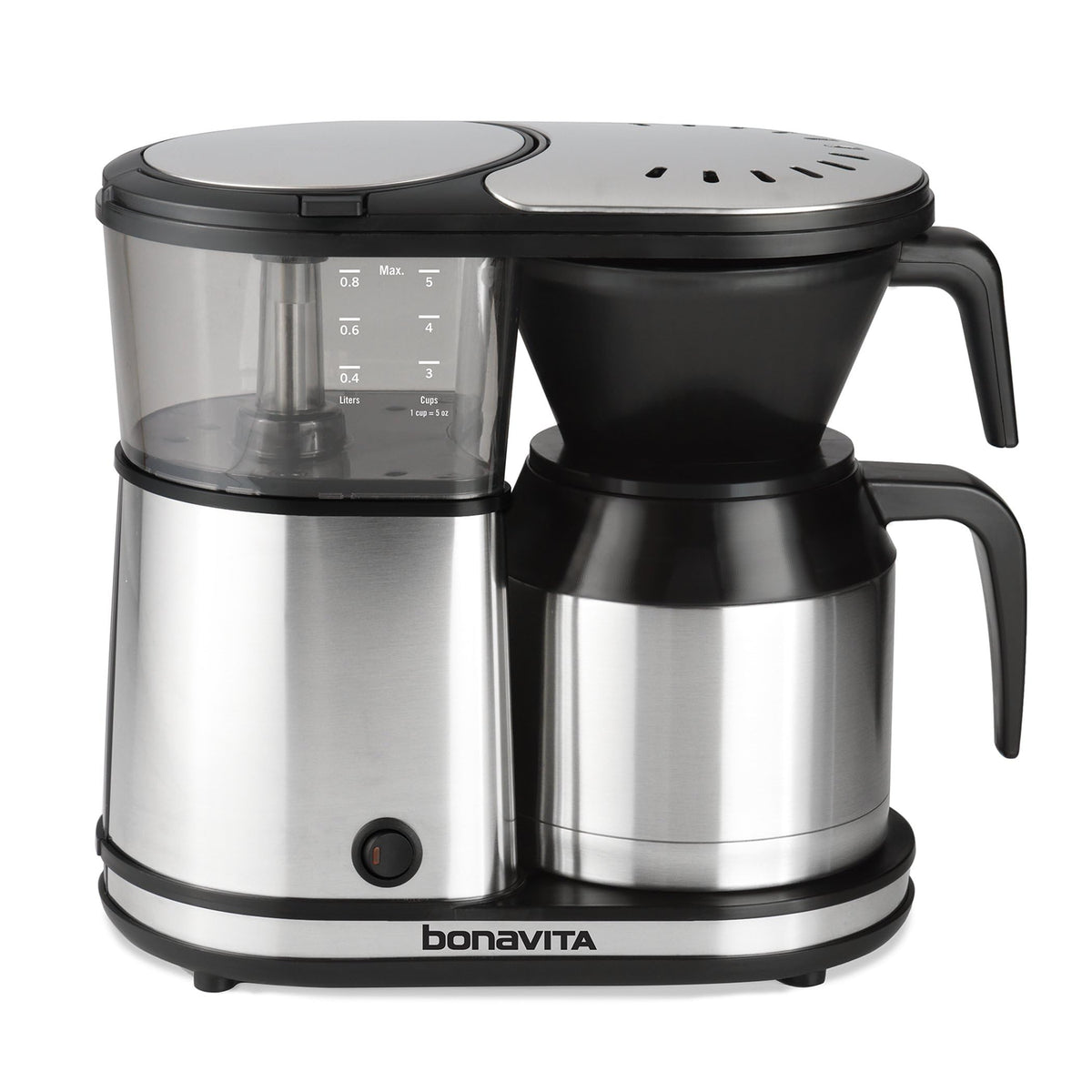 Bonavita BV1500TS front view highlights compact design and quick brewing potential.