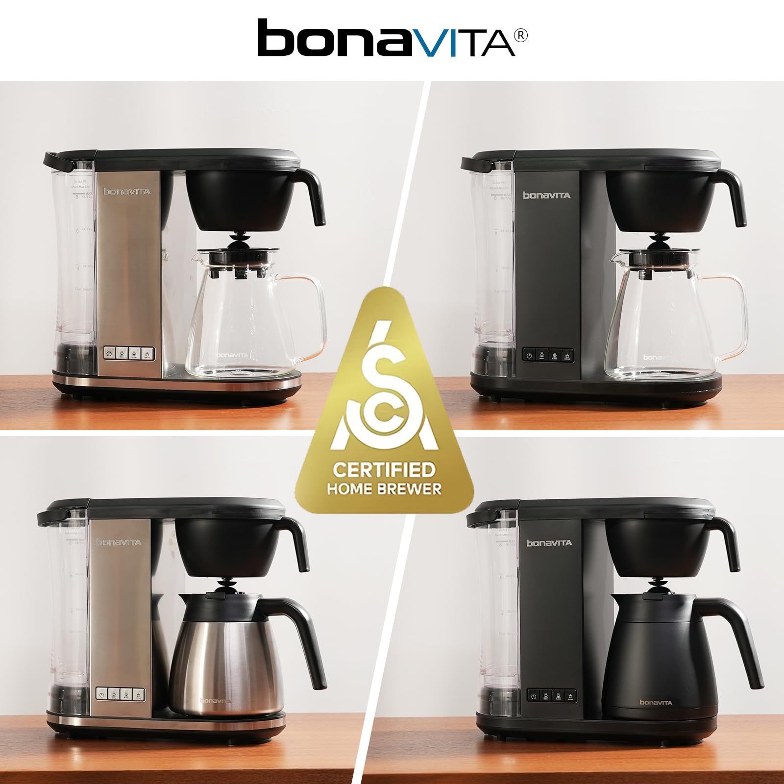 Bonavita Enthusiast front view fits countertops and keeps coffee hot.