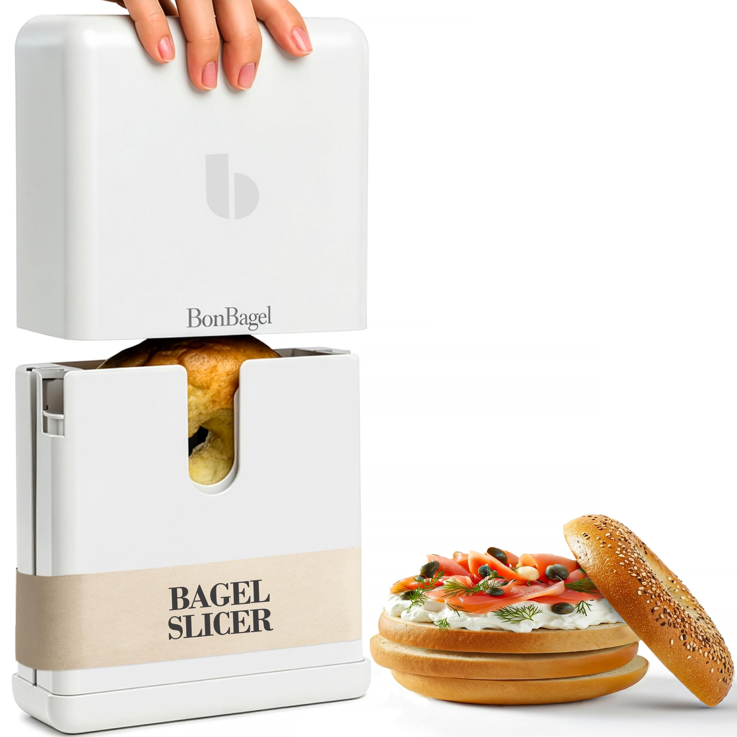 BonBagel bagel cutter with auto-center holder ensures even slices