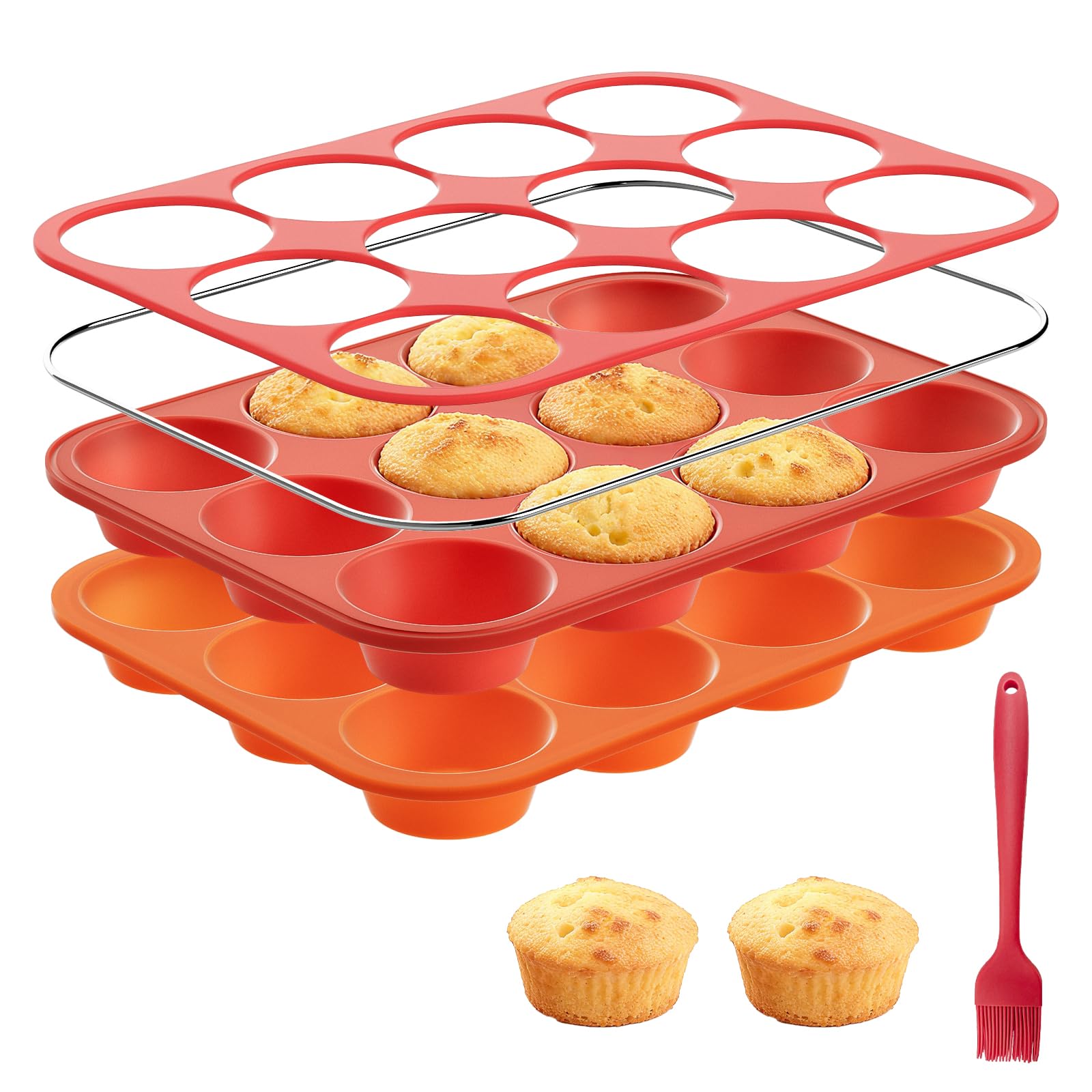 Bongpuda silicone muffin pan in orange and red, 12 cups for egg bites and muffins.