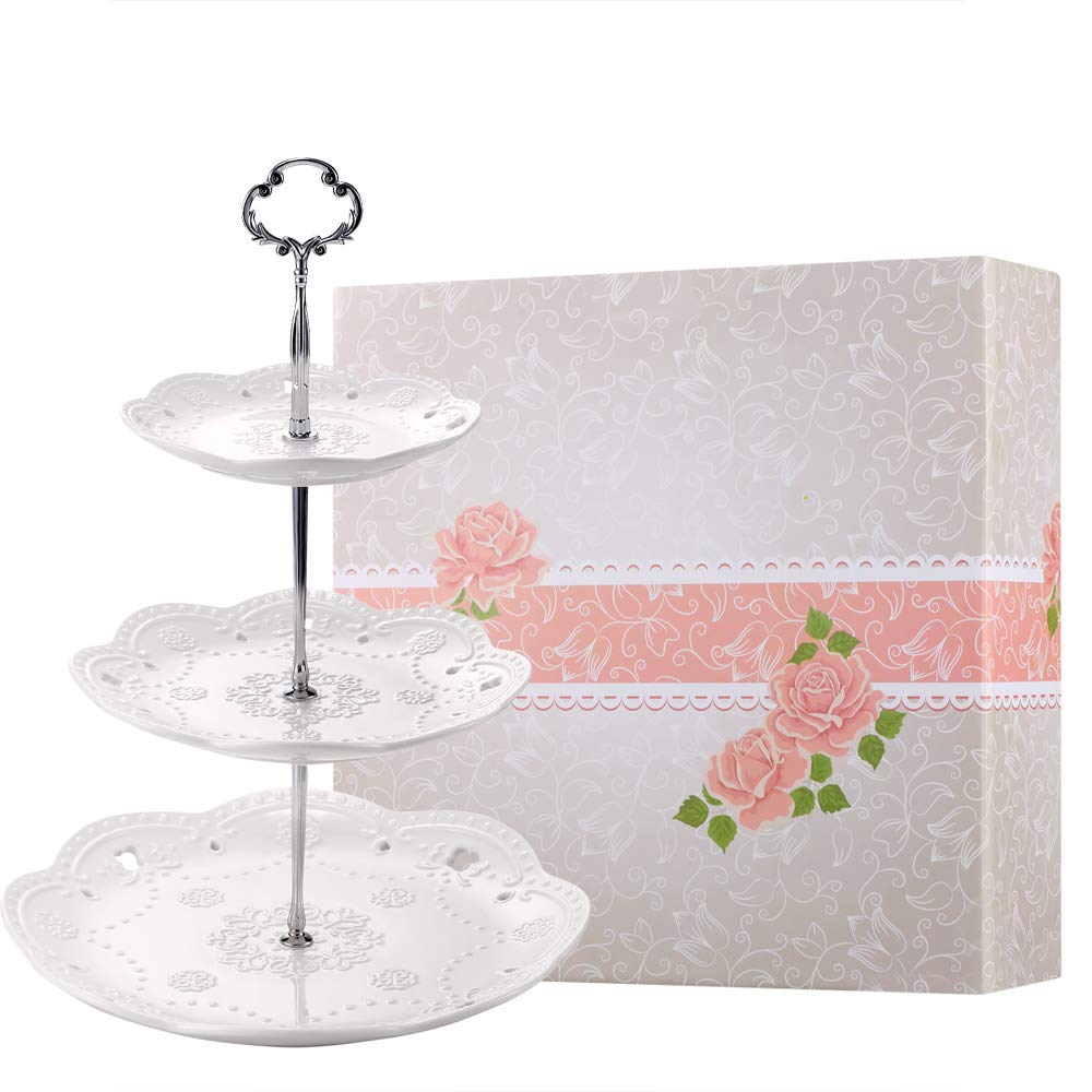 BonNoces 3-tier porcelain cupcake stand with white embossed design for elegant dessert display