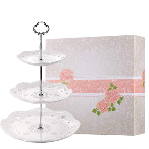 BonNoces 3-tier porcelain cupcake stand with white embossed design for elegant dessert display