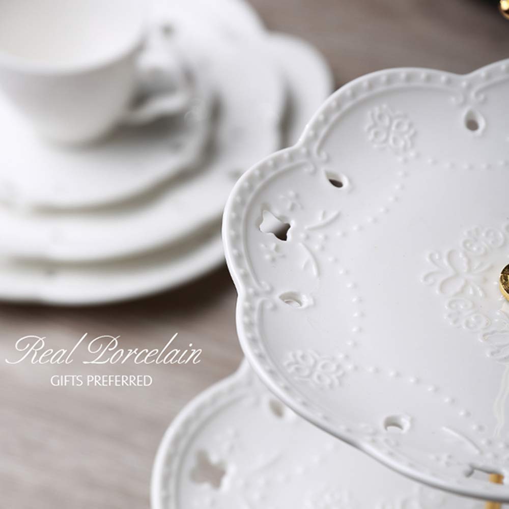 BonNoces porcelain stand features 6, 8, 10 inch platters for varied servings