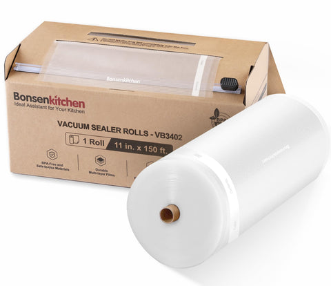Bonsenkitchen 11x150 vacuum bag roll with cutter for custom bag lengths and fresh storage.