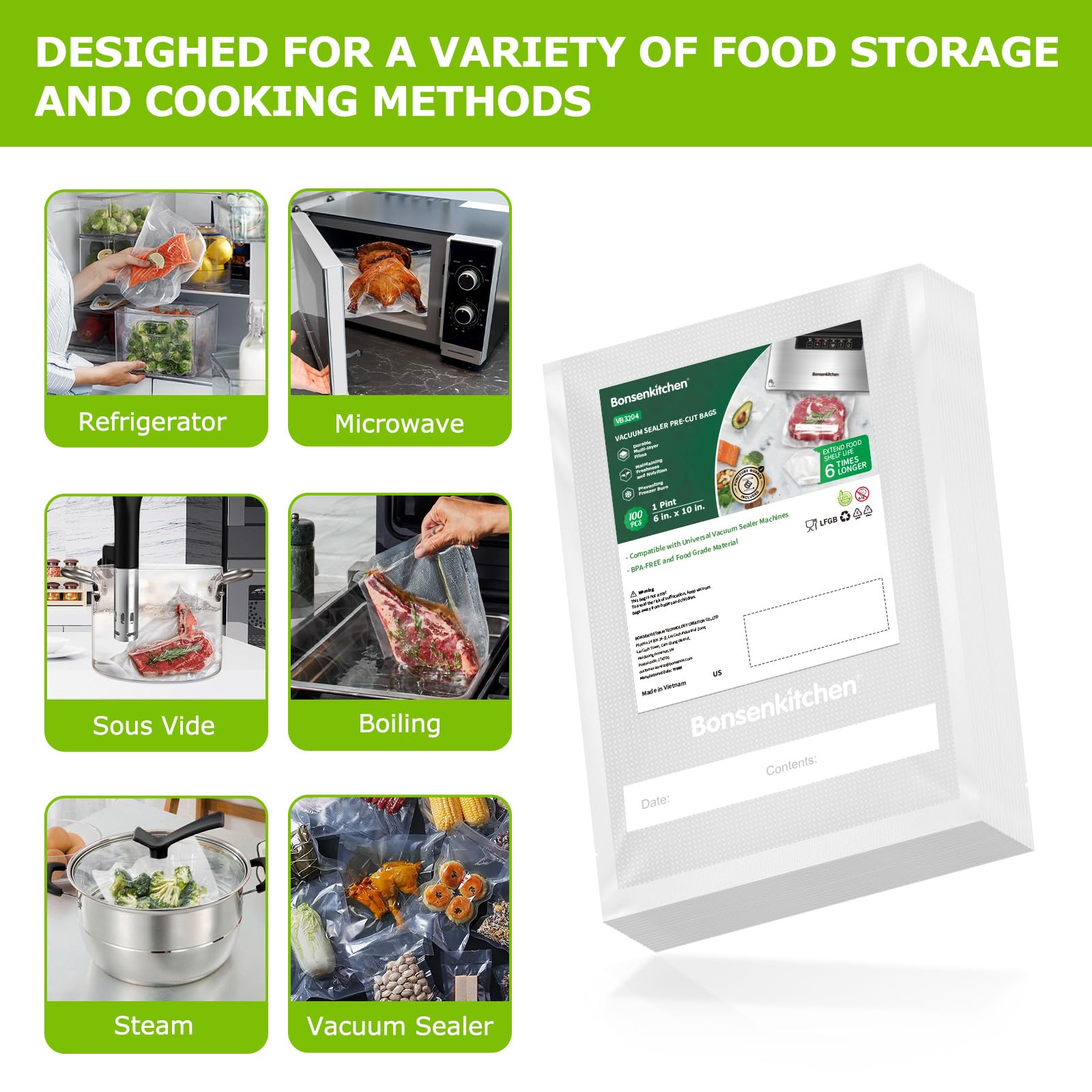 Bonsenkitchen BPA-free vacuum bags; clear material ideal for freezer storage.