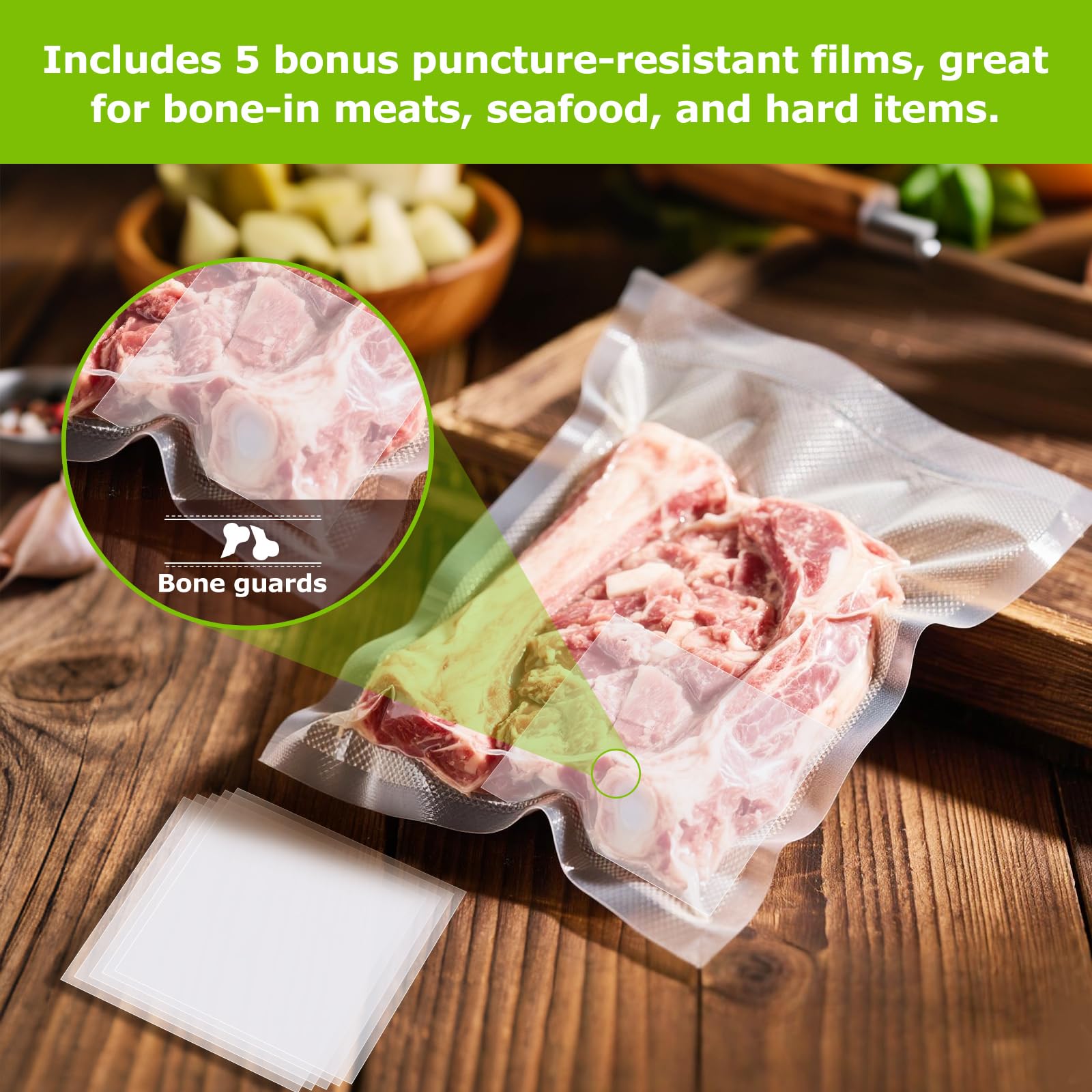 Easy-cut, seal design with embossed channels for efficient air removal in Bonsenkitchen bags.