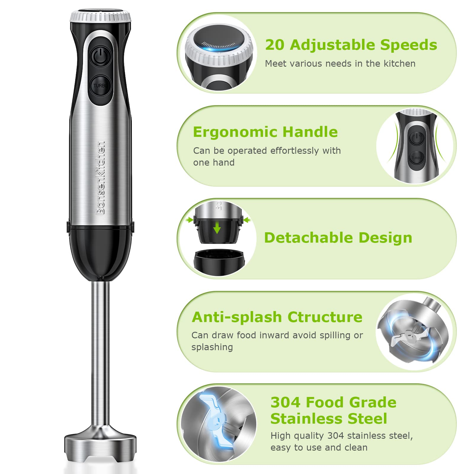 Bonsenkitchen immersion blender turbo button delivers quick bursts for hard ingredients.