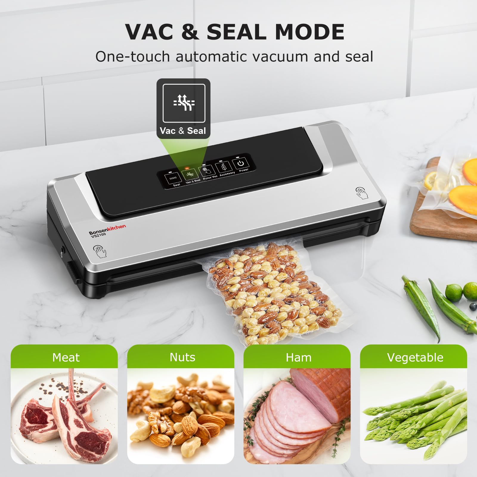 Bonsenkitchen vacuum sealer aiding meal prep through bulk sealing.