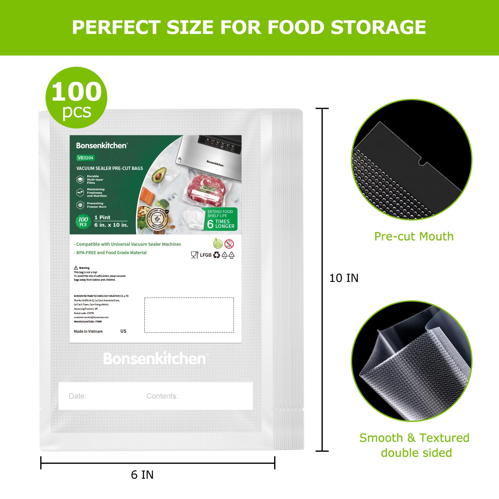 Bonsenkitchen precut vacuum bags 6x10 sealed-close demonstration for reliable sealing.