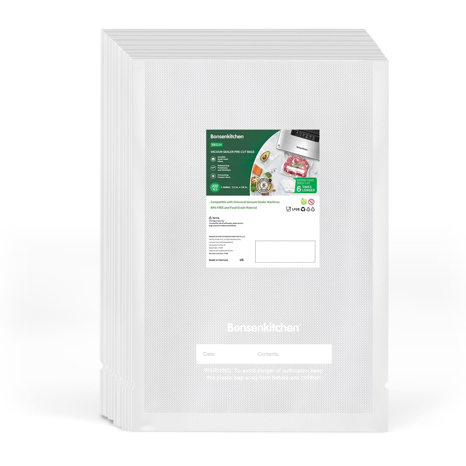 Bonsenkitchen precuts vacuum-sealer bags 11x16 ideal for bulk prep and freezer storage