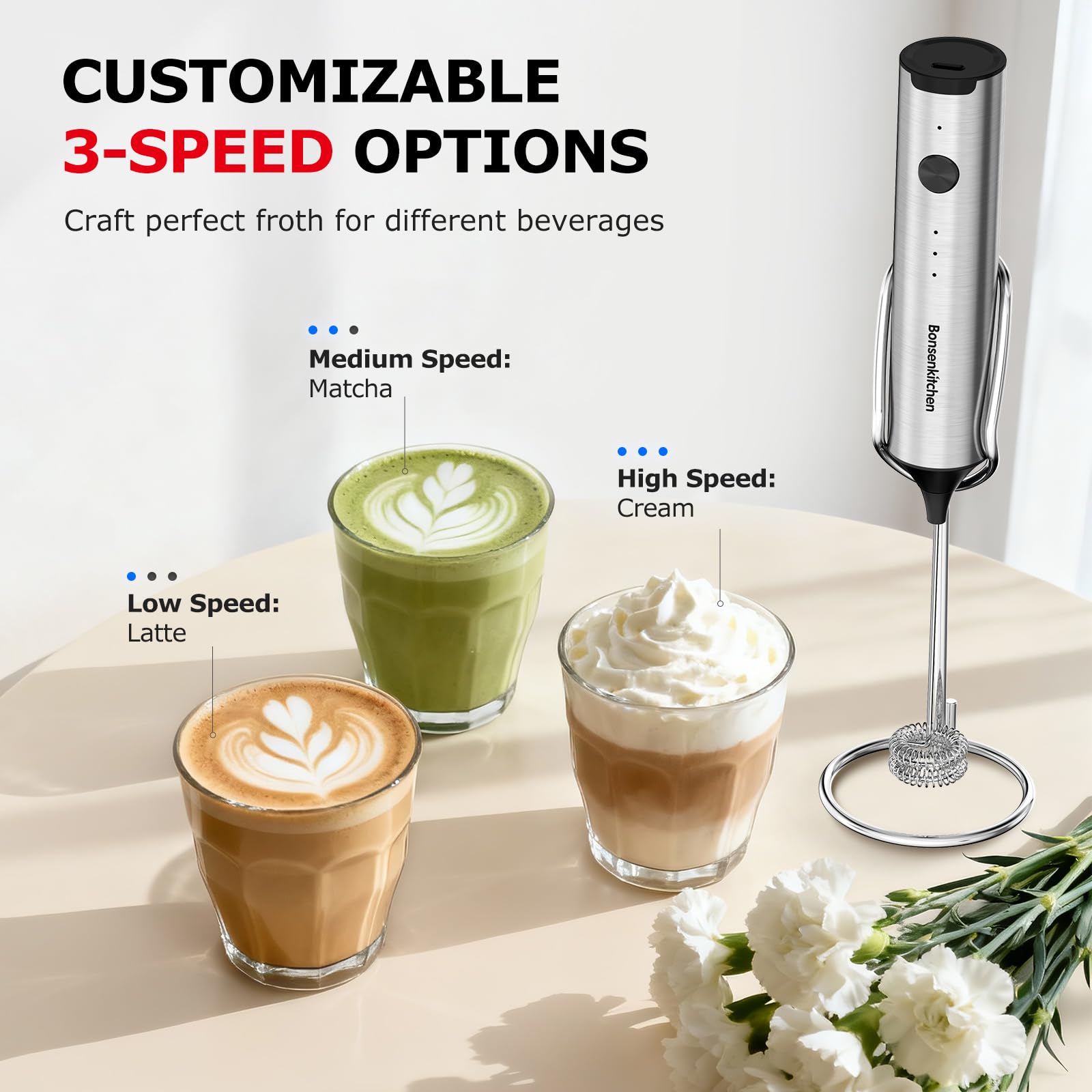 Bonsenkitchen quiet motor frother for low-noise morning foaming