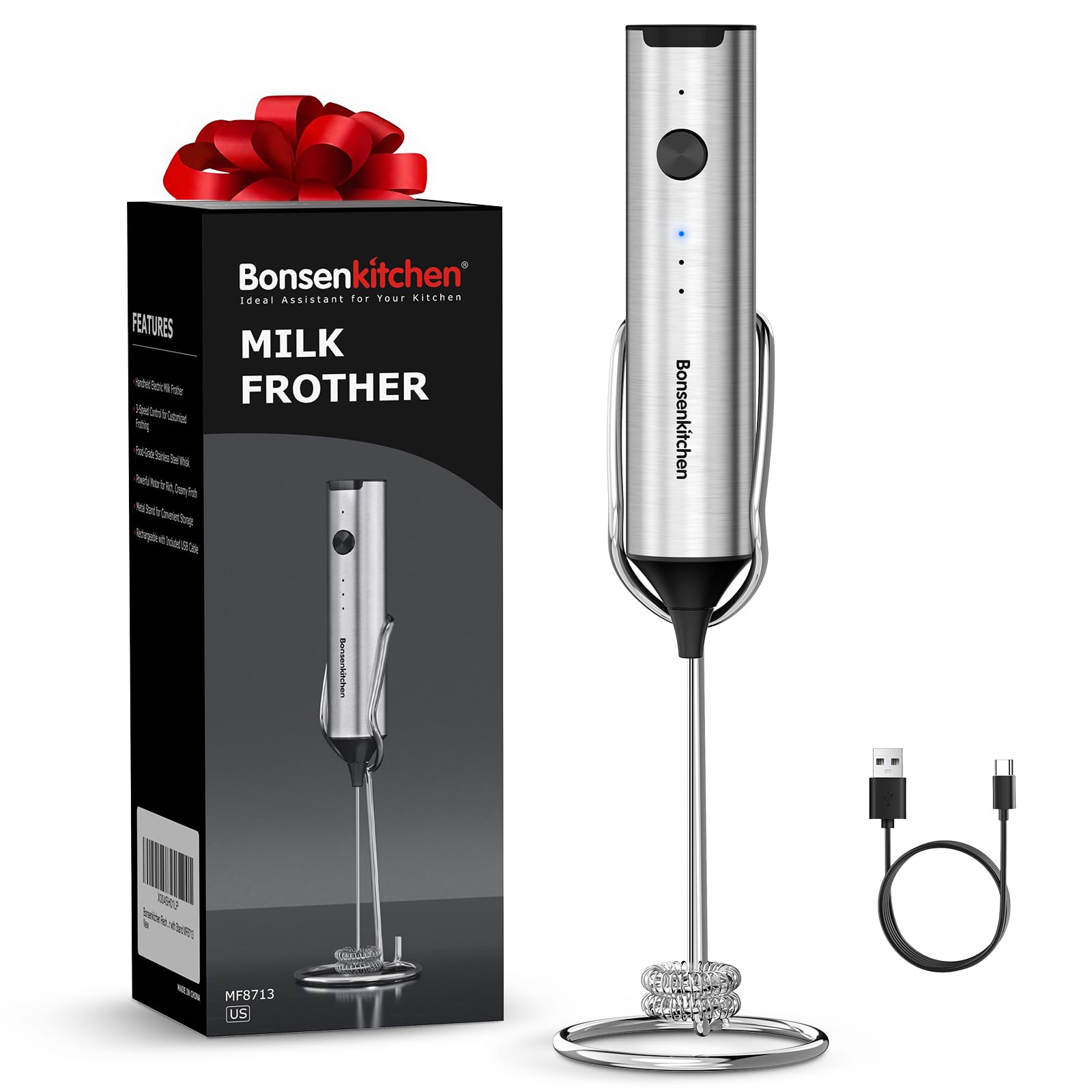 Bonsenkitchen rechargeable milk frother with stand for tidy, ready-to-use foaming