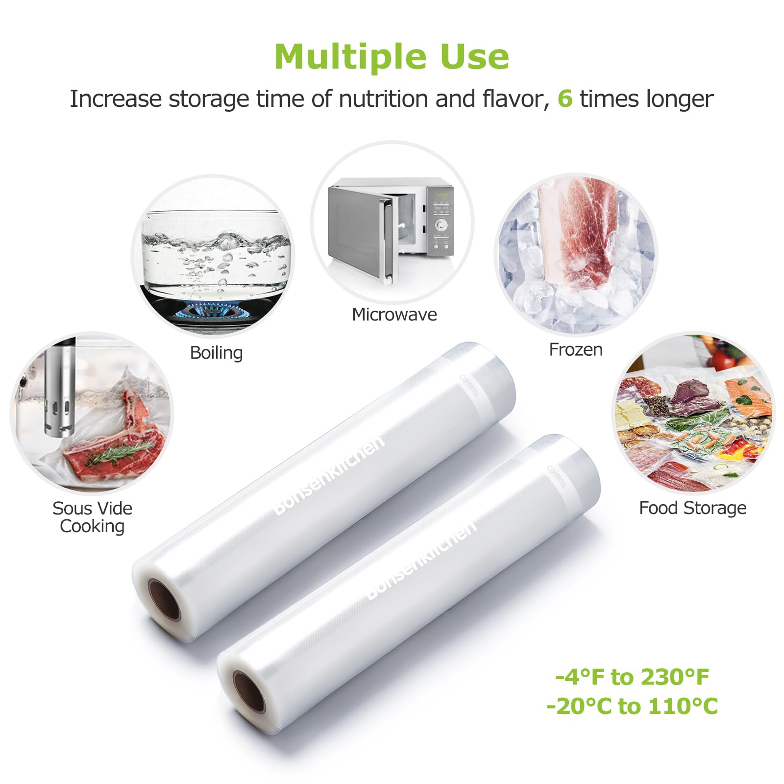 Bonsenkitchen sous vide bags rated up to 230°F for even cooking