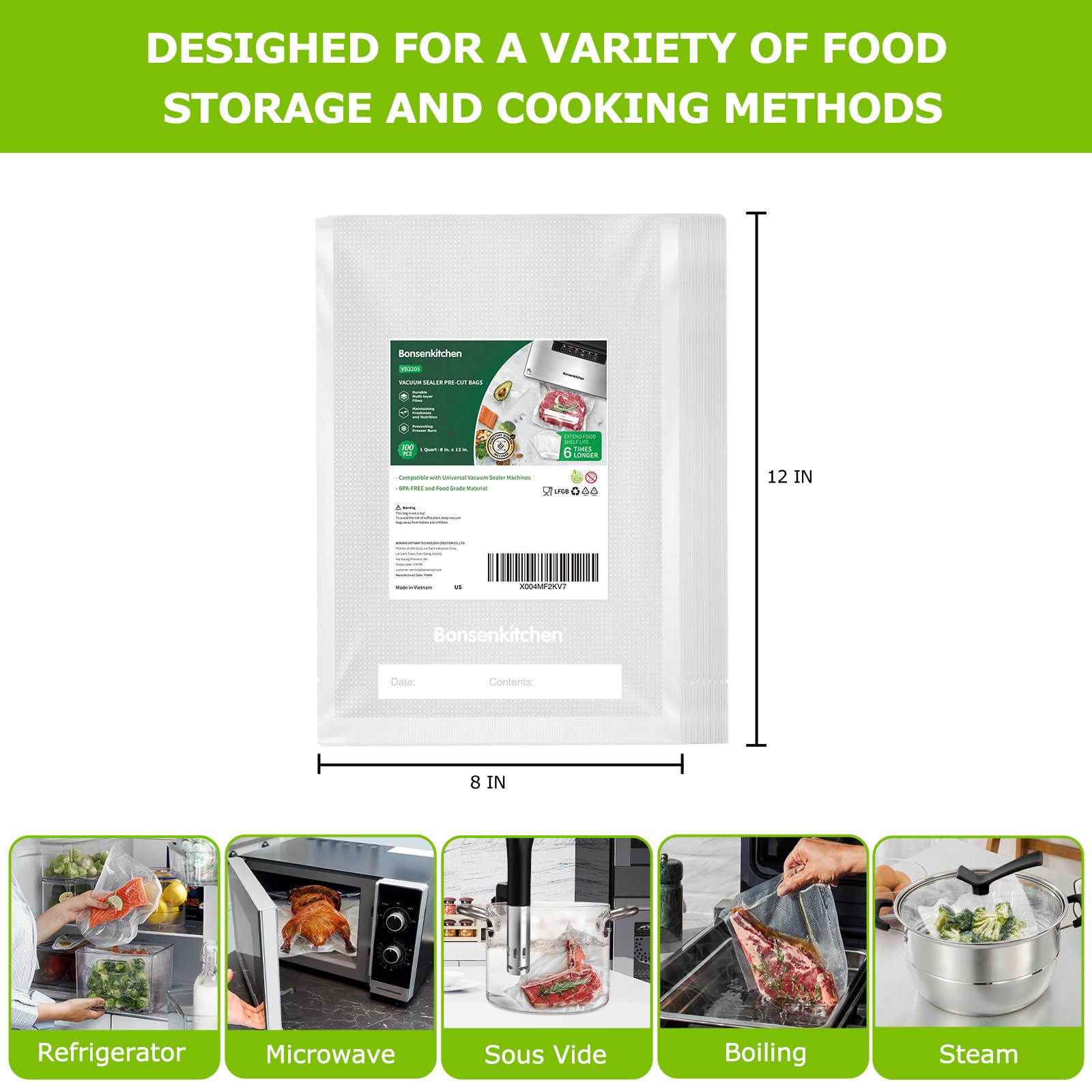 Bonsenkitchen sous vide-friendly bags support precise cooking up to 195°F.