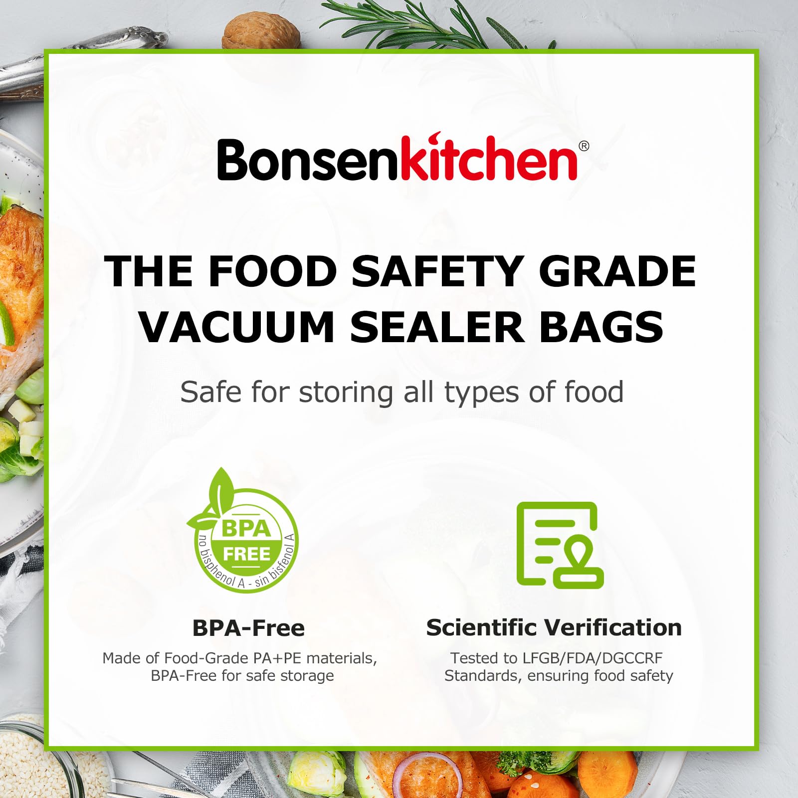 Bonsenkitchen sous vide-ready bags support precise temperature cooking when sealed.