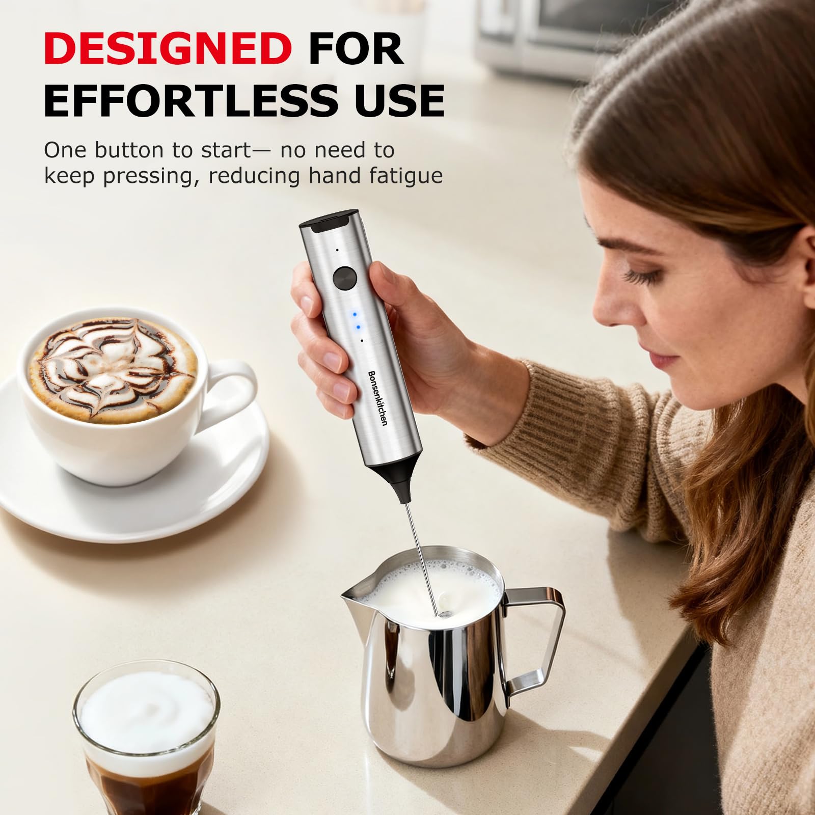 Bonsenkitchen stainless steel stand keeps the frother upright and organized