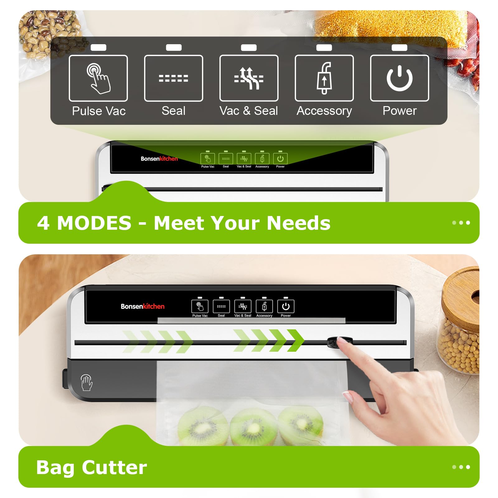 Bonsenkitchen vacuum sealer in four-mode operation for versatile sealing tasks