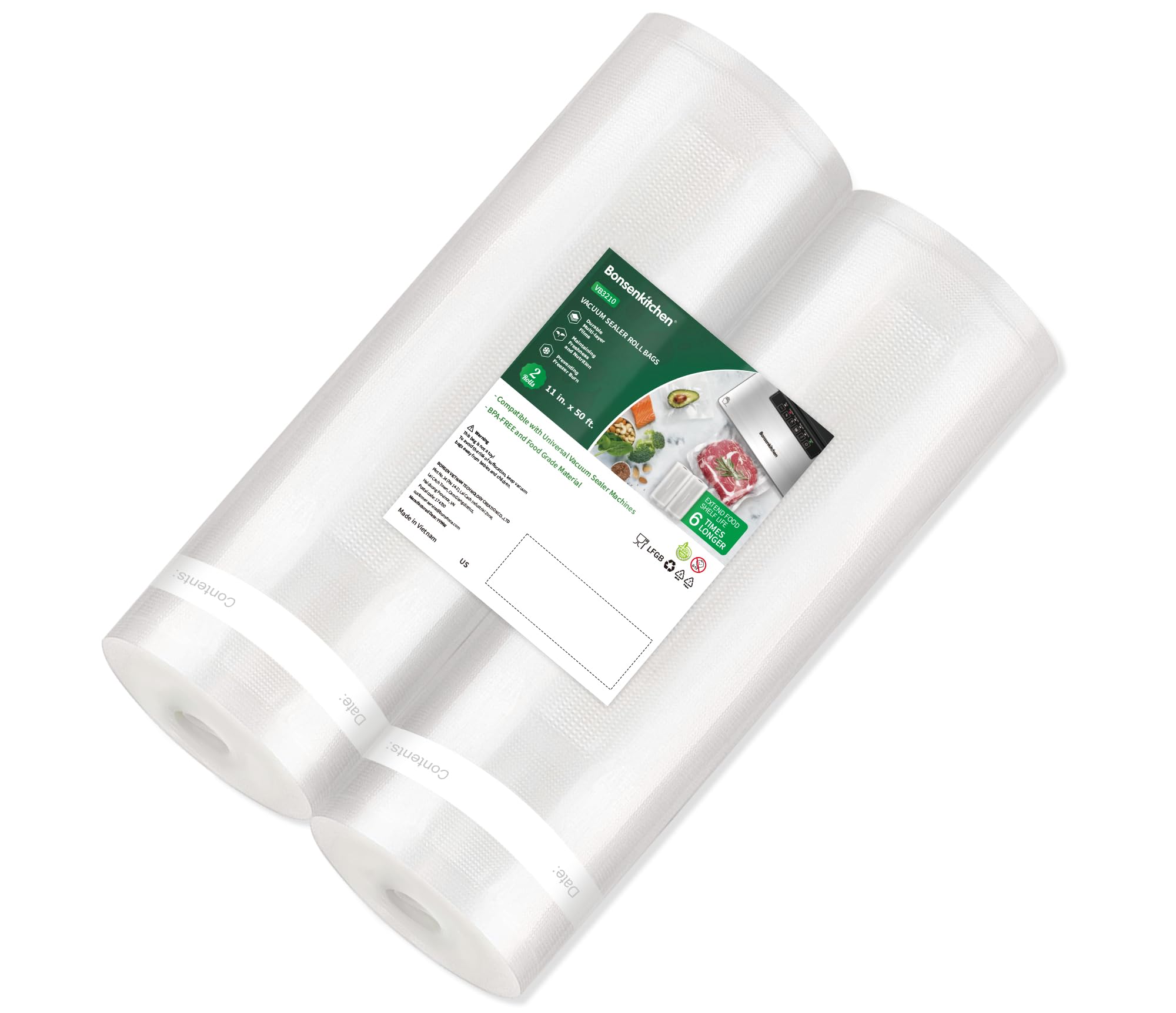 Bonsenkitchen vacuum sealer bags roll 11x50ft for customized bag sizes and extended freshness.