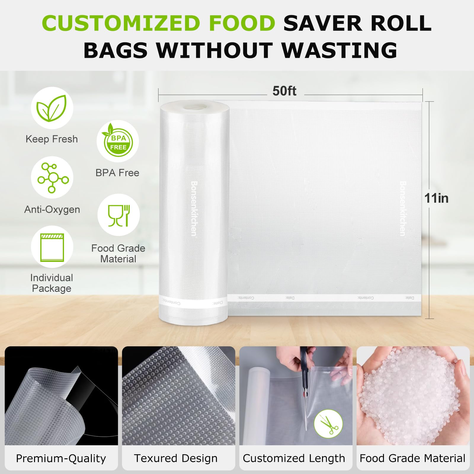 Bonsenkitchen BPA-free bag roll supports safe storage for fridge and freezer items.