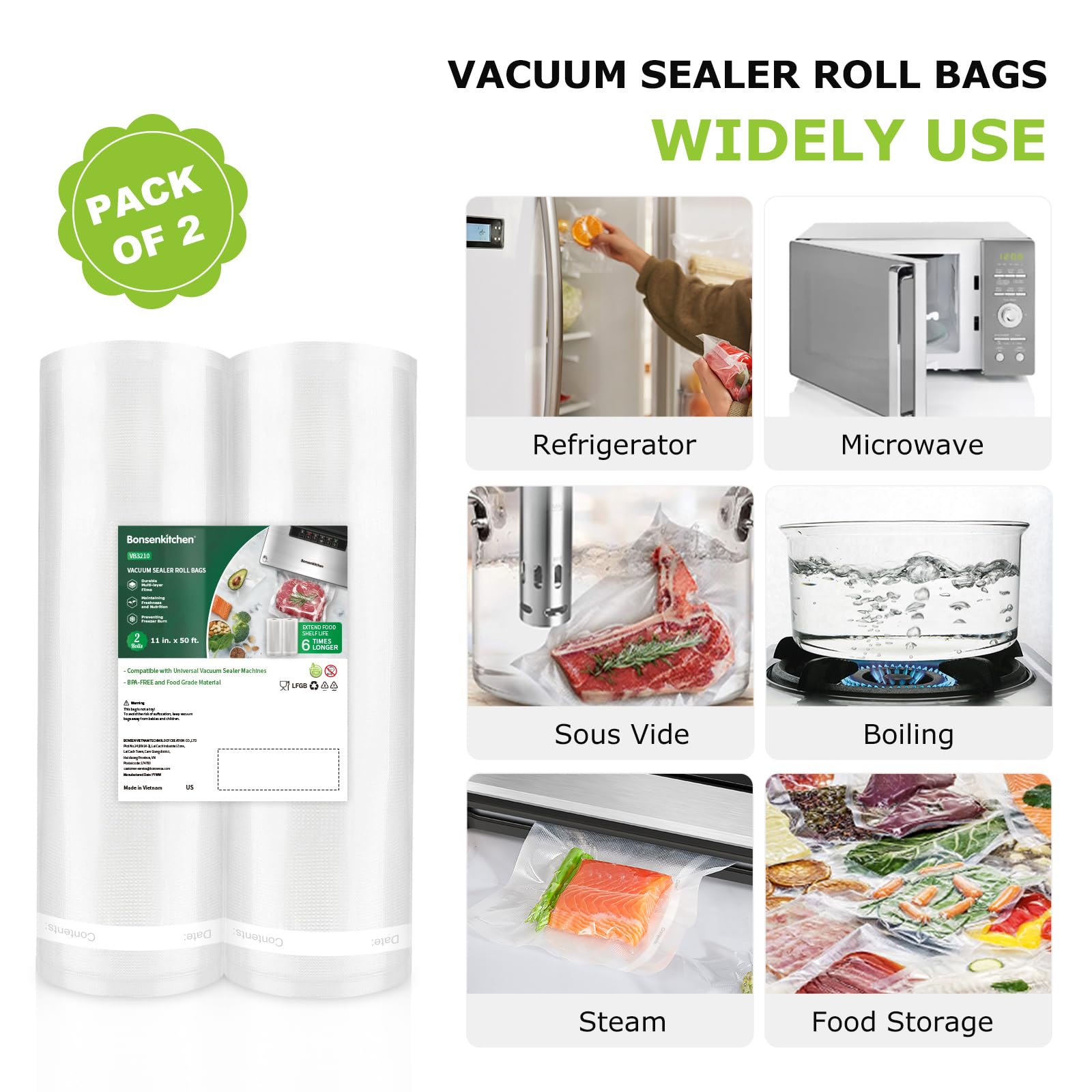 Bonsenkitchen sous vide ready bag roll withstands up to 195°F for precise cooking.