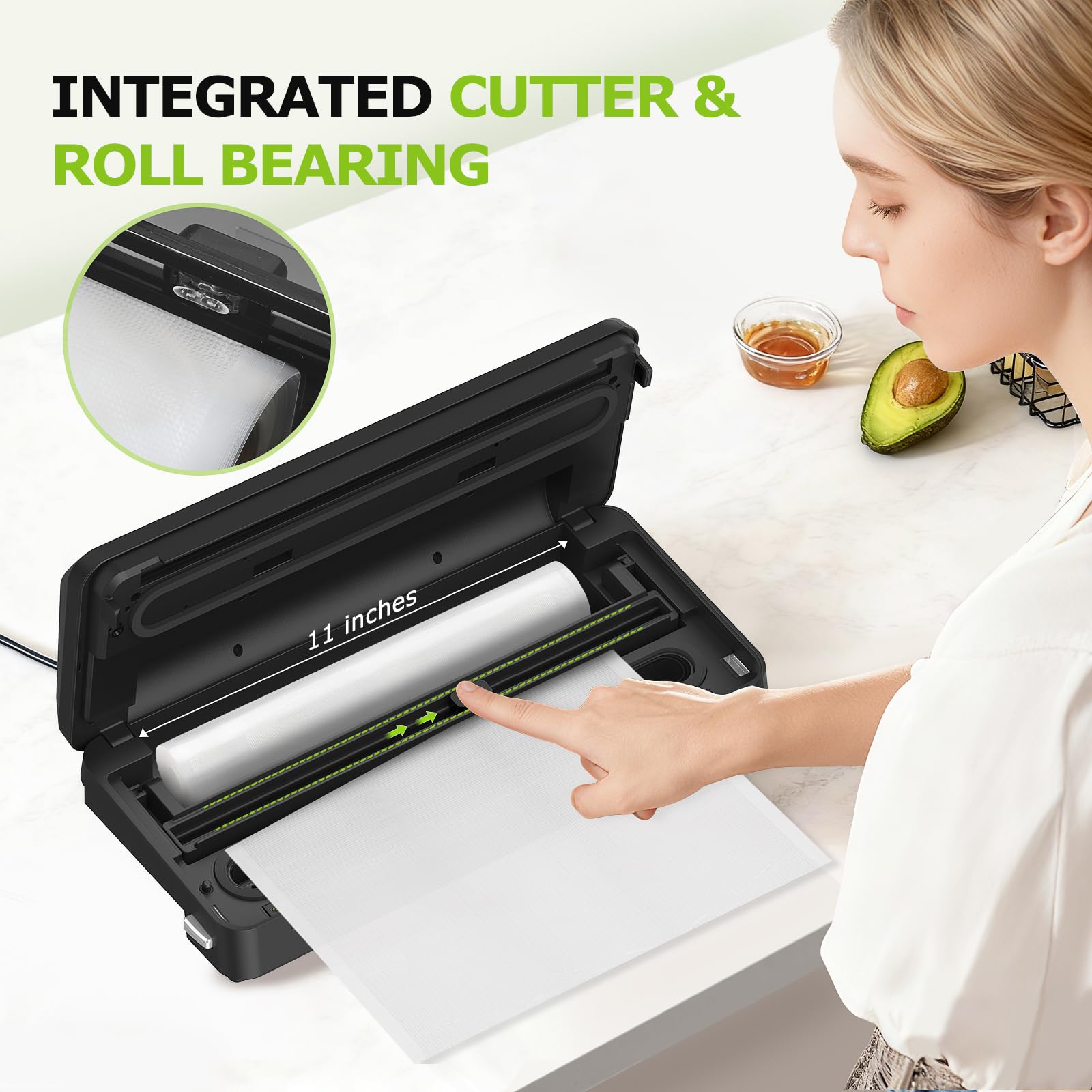 Bonsenkitchen sealer built-in cutter in action for quick bag prep.