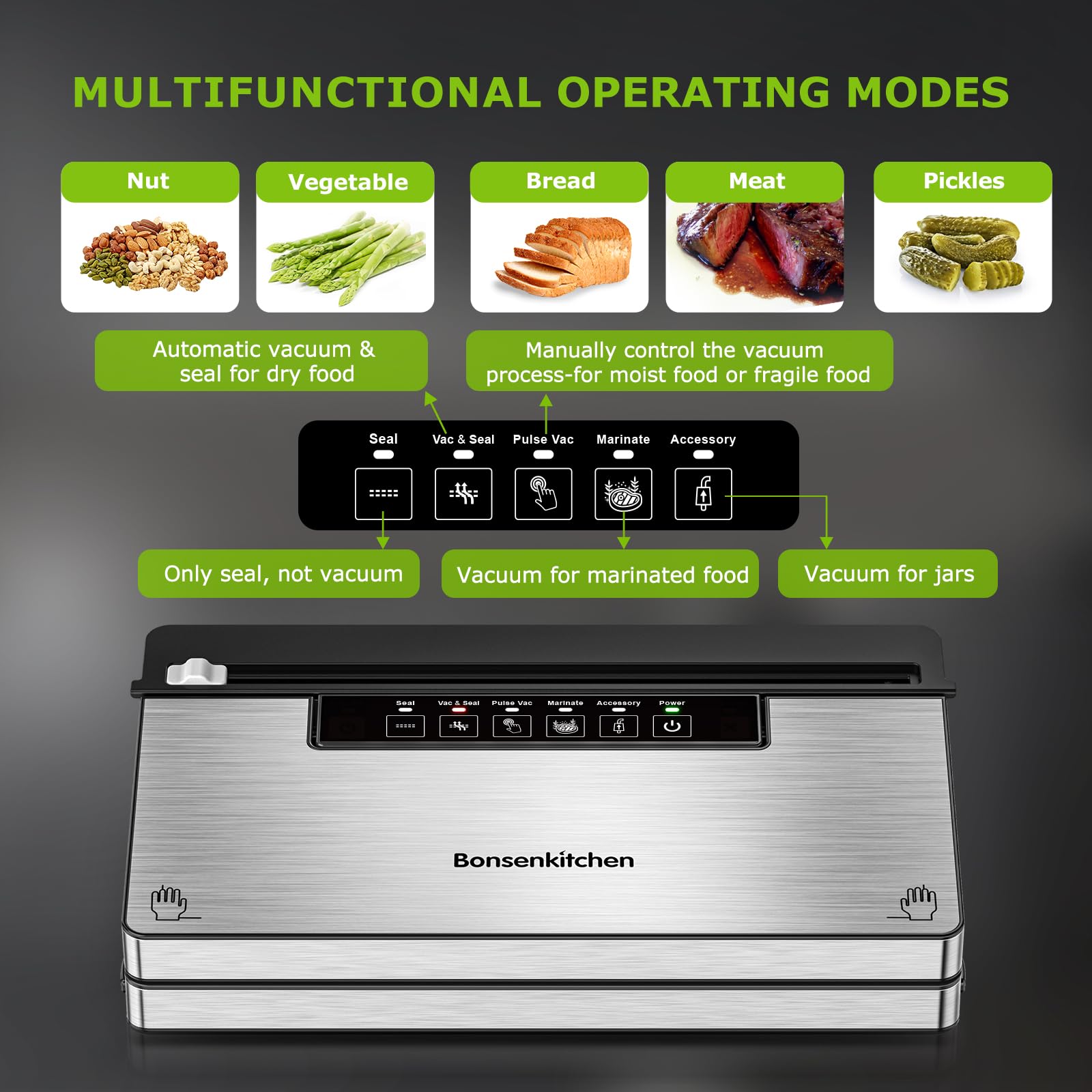 Five-mode Bonsenkitchen vacuum sealer demonstrates versatile food preservation