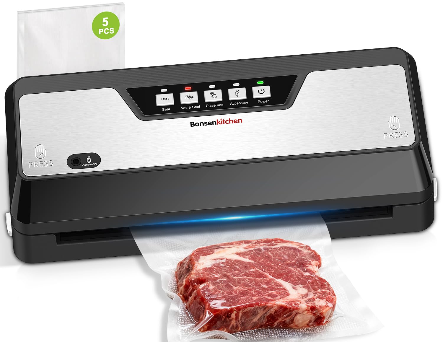Bonsenkitchen vacuum sealer front view with built-in cutter for easy sealing.