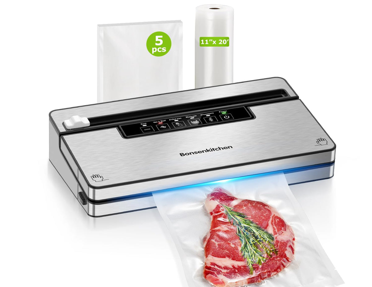 Bonsenkitchen vacuum sealer with stainless steel front seals freshness for meal prep.