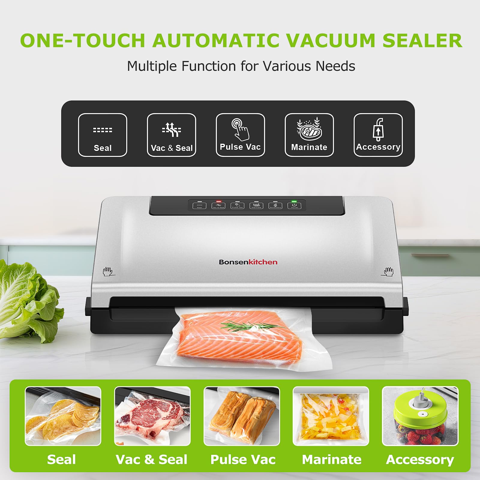 Bonsenkitchen vacuum sealer storage compartment keeping rolls and accessories organized.