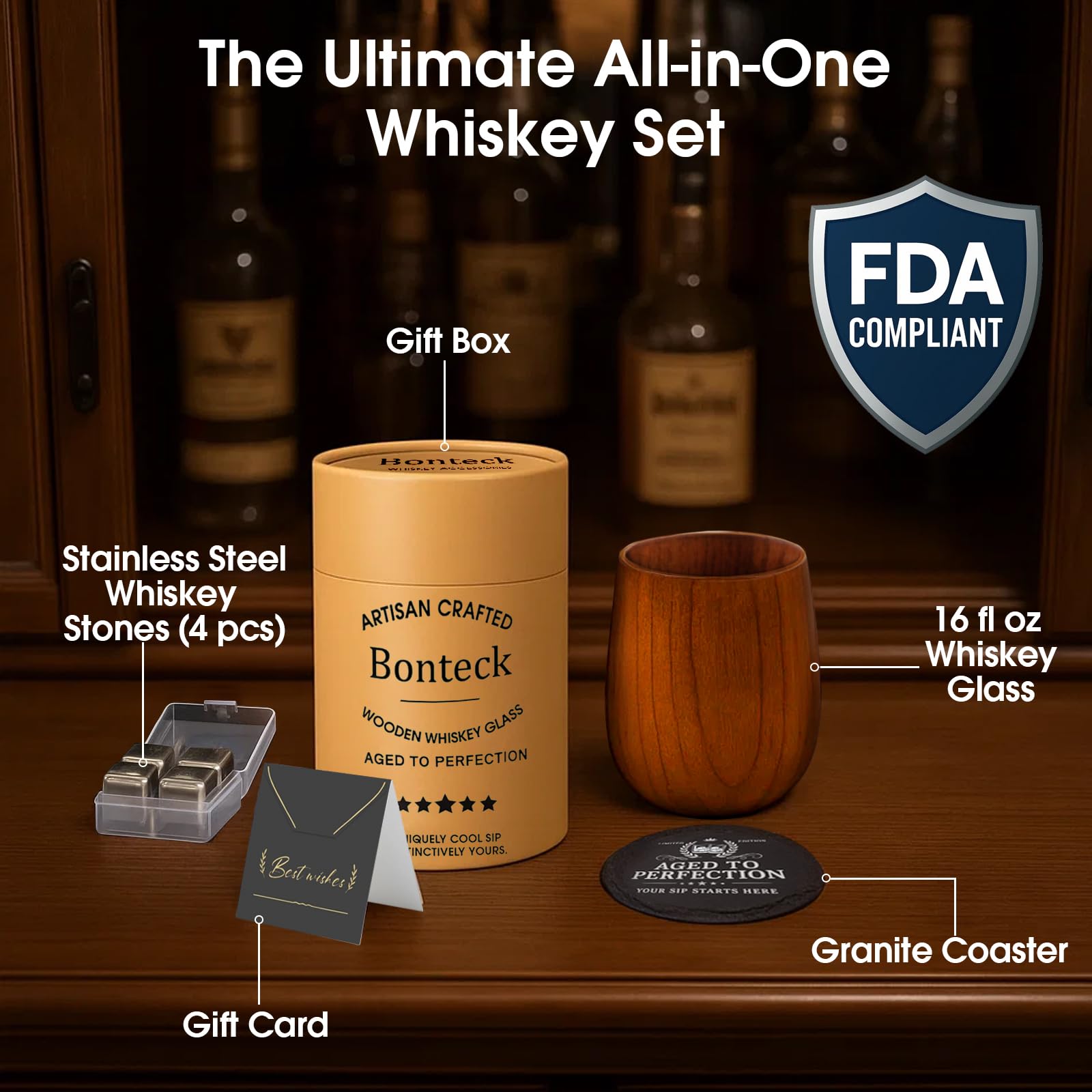 Bonteck gift set with coaster, ice cubes, and card highlights complete bourbon barware gift.